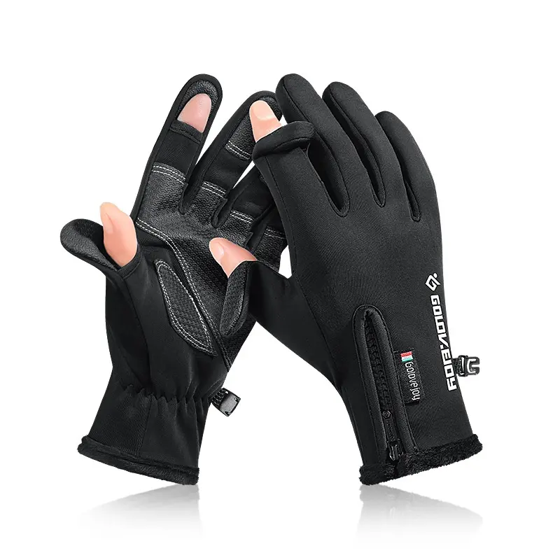 Men and Women Black Outdoor Waterproof Finger Exposed Touch Screen Winter Fleece Thermal Motorcycle Cycle Skiing Hiking Gloves