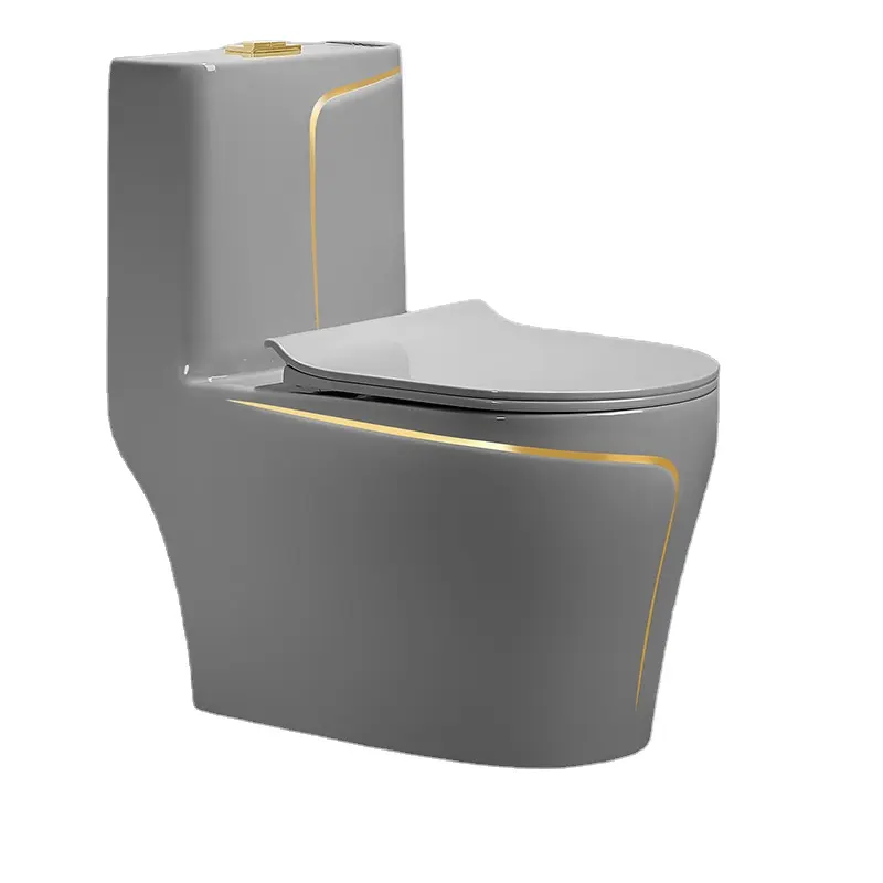 Modern design grey colored golden toilet bowl floor mounted one piece luxury s trap bathroom ceramic wc toilet set