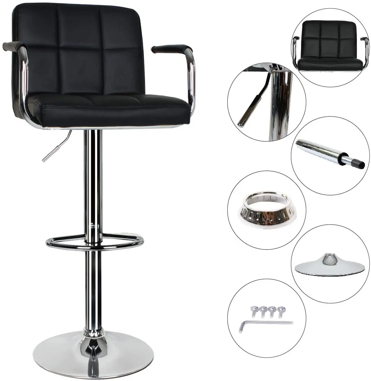 Black Leather Kitchen Swivel Gas Lift Breakfast Bar Stool with Armrest and Chrome Footrest