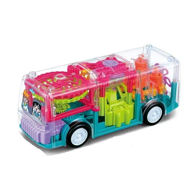 RTS Colorful Electric Toy Flashing Light B/O Rotating Transparent Gear Bus Universal Concept Car Toy With Music