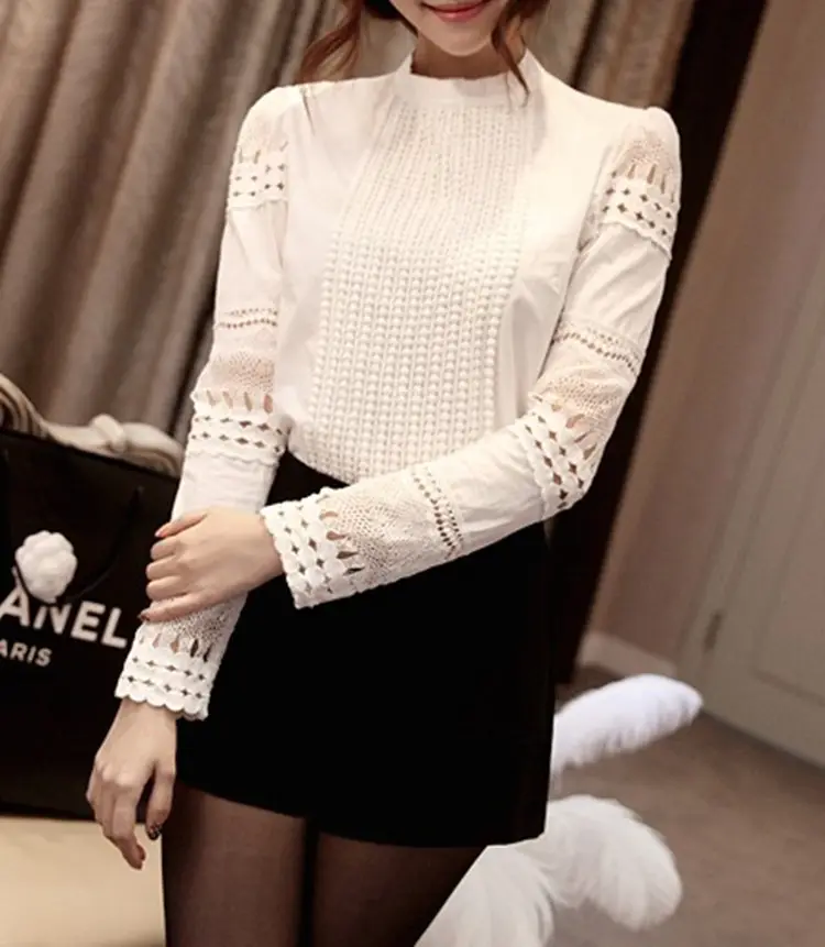 Casual Elegant Long-sleeved White Bottoming Blouses Breathable Slim-fit Cotton Hook Flower Hollow Lace Shirt