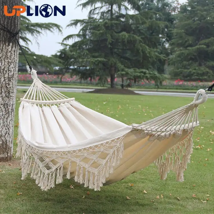 Uplion Outdoor Handmade Hammock Cotton Hammock With Tassel Brazilian Macrame Hanging Hammock