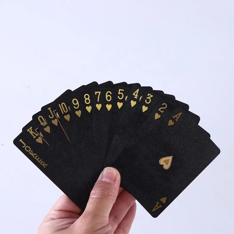Долговечный матовый недорогой Золотой принтер для покупки Логотипа под заказ Печать покера ПВХ водонепроницаемые черные пластиковые передние и задние игральные карты