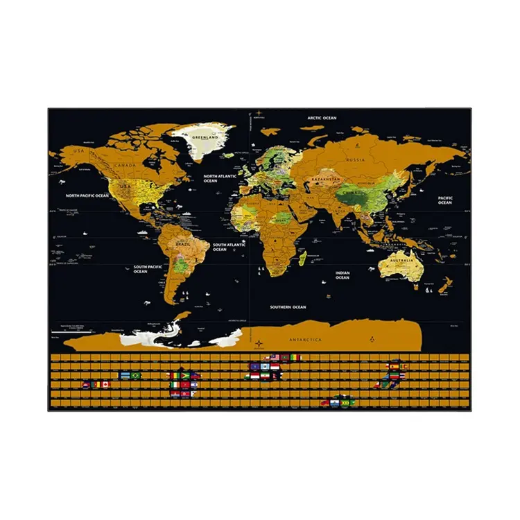 Newest Design Flags Black Gold Travel Hard Paper World Scratch Off Map world map world map with Europe