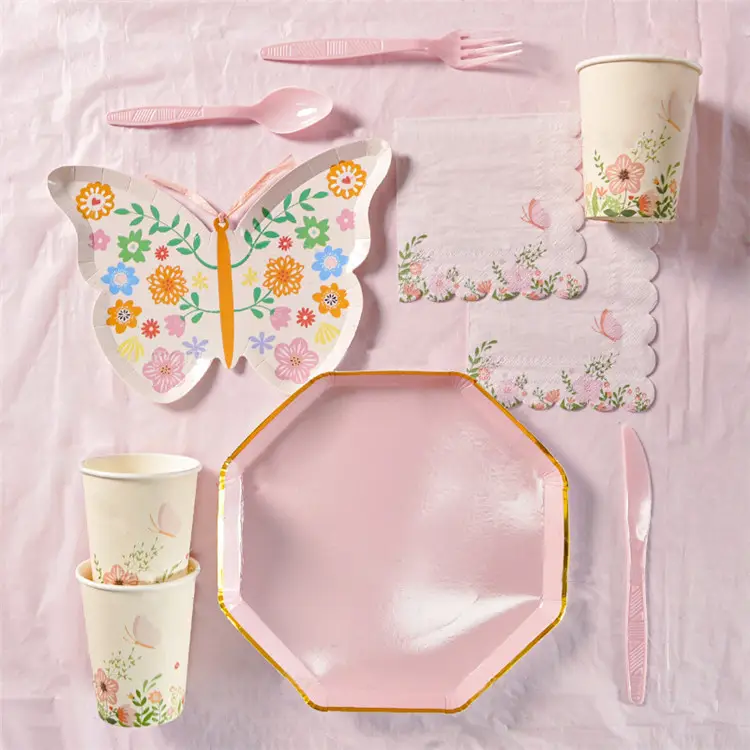 New Design Custom Butterfly Paper Plate Tableware Kit Pink Disposable Plate For Girl Birthday Party Decoration birthday dishes
