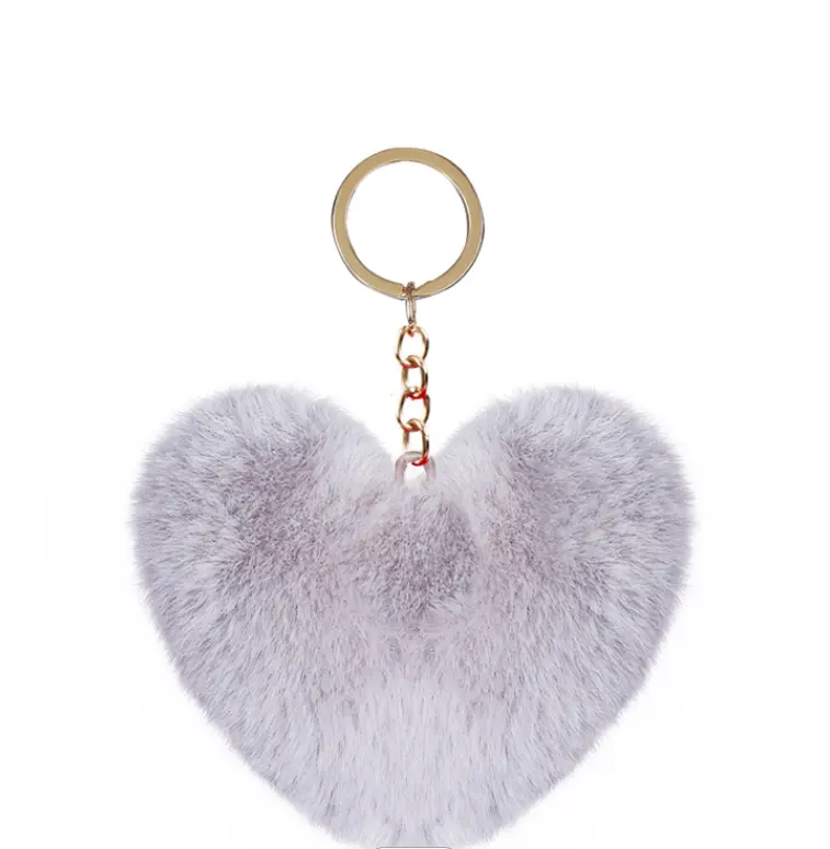 Soft Cute Furball Pompom Heart Shaped Plush Fluffy Balls Rabbit Fur Key Chain Pom Pom Keychain