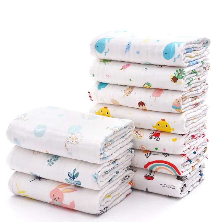 Wholesale factory custom muslin cotton printed muslin fabric baby blanket sleeping 110*110