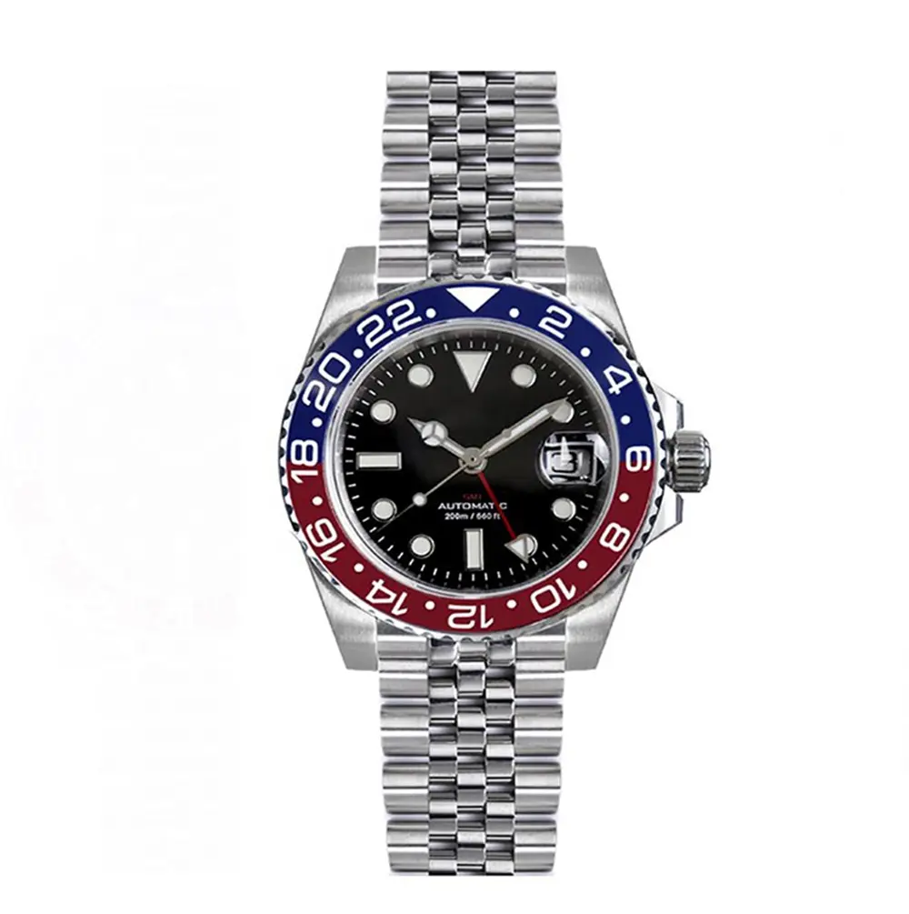 Customized 40 mm GMT Automatic Men Watch Bidirectional Bezel Sapphire 20 ATM Waterproof Jubilee Bracelet BGW9 Luminous