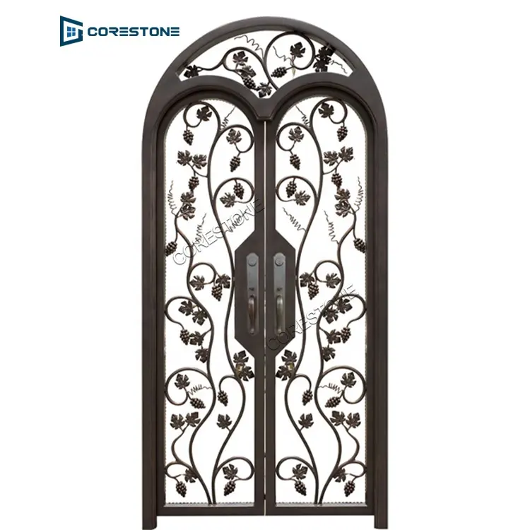 Exterior Security Entrance Laser Cut Double Wrought Iron And Glass Door With Sidelight