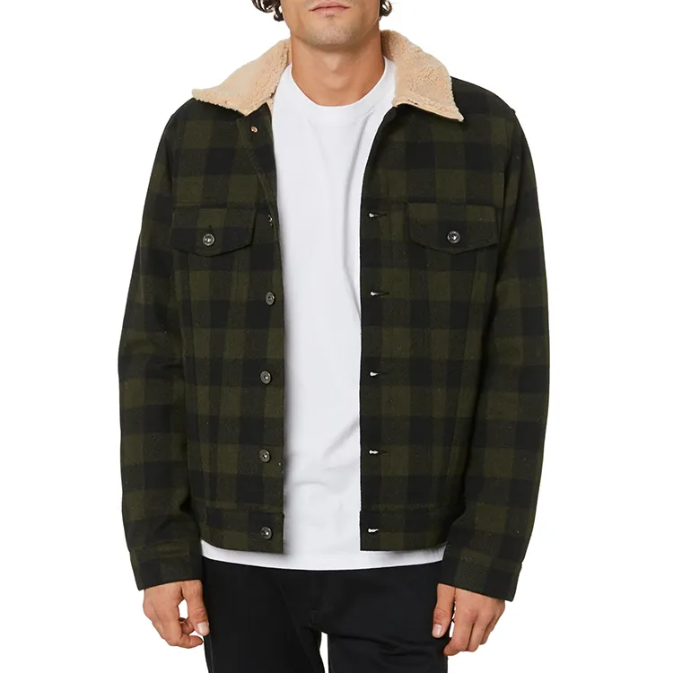 2021 Customized Winter Warm Jacket Sherpa Lining Plaid Casual Jacket Sherpa Collar Button Men's Front Jacket