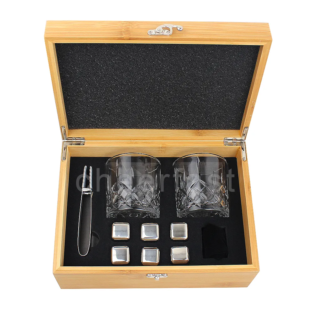 Sustainable Crafted With Exquisite Wood And With 304 Stainless Ice Cube Bamboo Wooden Box Whiskey Stone Gift Set