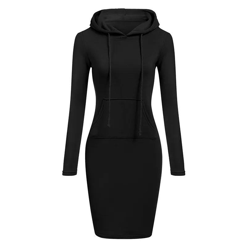 Custom Winter Women Clothing Autumn Polyester Solid Color Long Sleeve Sweater Dress with Hoodie