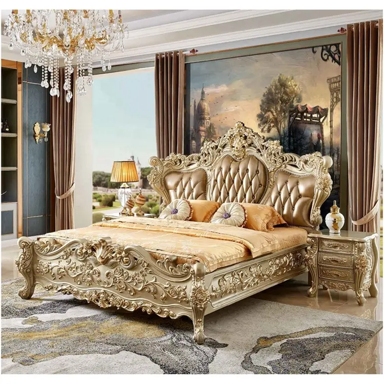 European Antique style carving double bed with gold foil High Quality luxurious Custom Solid wood frame king size bed