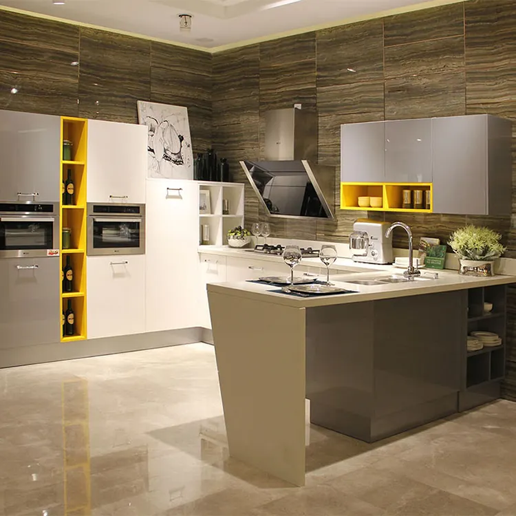 Кухня полная современный дизайн Австралийский стандарт с скамейкой из меламина и стеклянной витриной высокие глянцевые кухонные шкафы