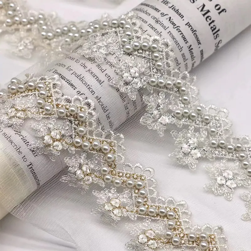 french pearls beaded 4cm border lace trim embroidery eyelash lace