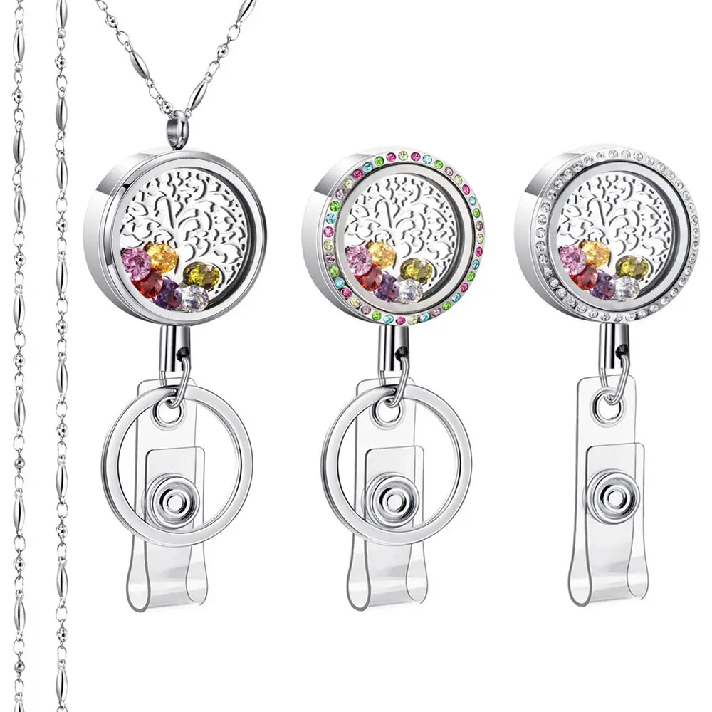 Fashion Stainless Steel Floating Charm Rhinestone Memory Locket Retractable ID Badge Holder for Doctor Nurse