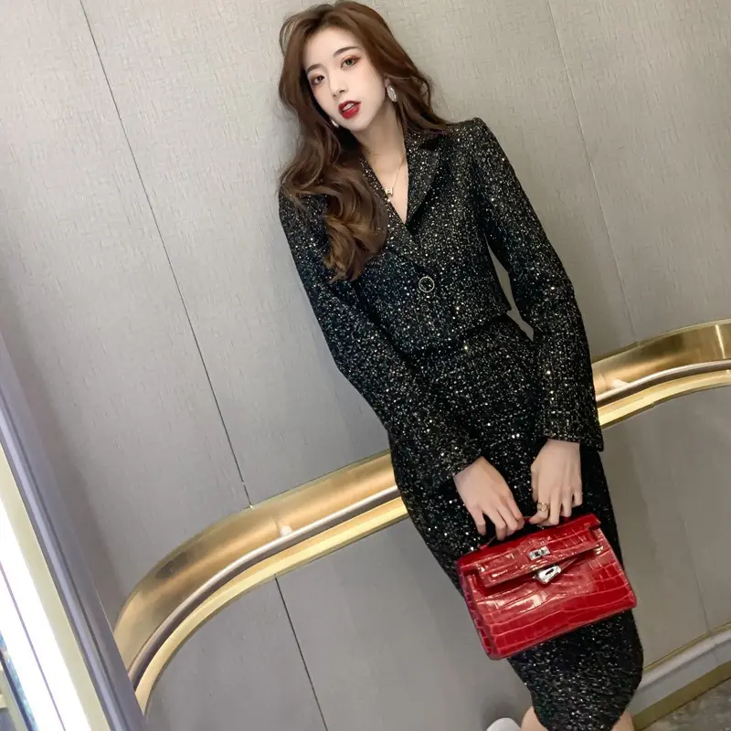 Ladies Suit 2021 Spring Autumn Plaid Coat Female Blouse Blazers Office Ladies High Waist Skirt Two Piece Set