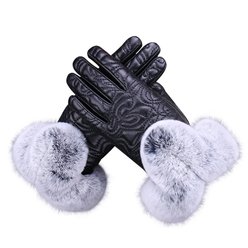 Ladies Leather Glove Rabbit Fur Fashion Driving Motorcycles Mou Sheepskin WS2013 Lady Women Touch Screen Striped Leather Gloves