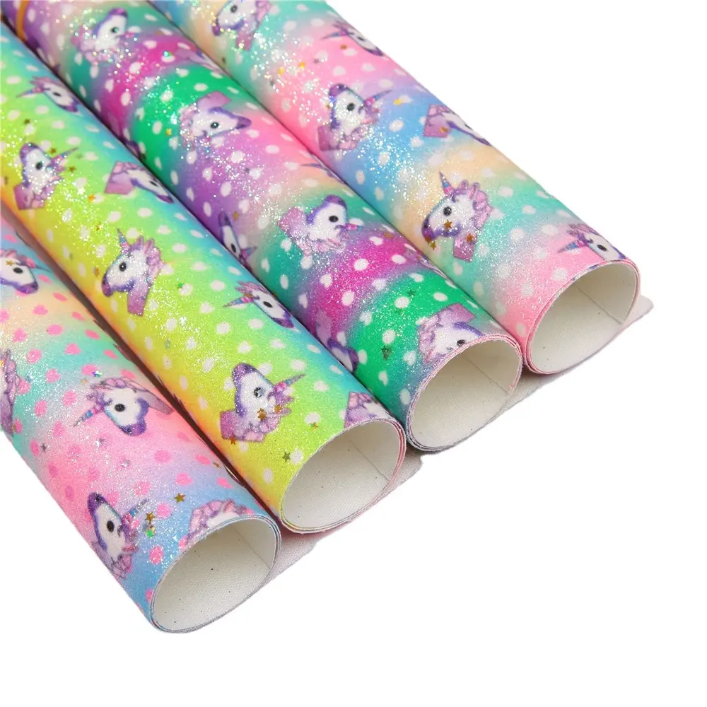 SR18056 Polkdot unicorns fancy glitter fabric by yard sparkle LOVE rainbow unicorn printed glitter PU boxing bag fabric