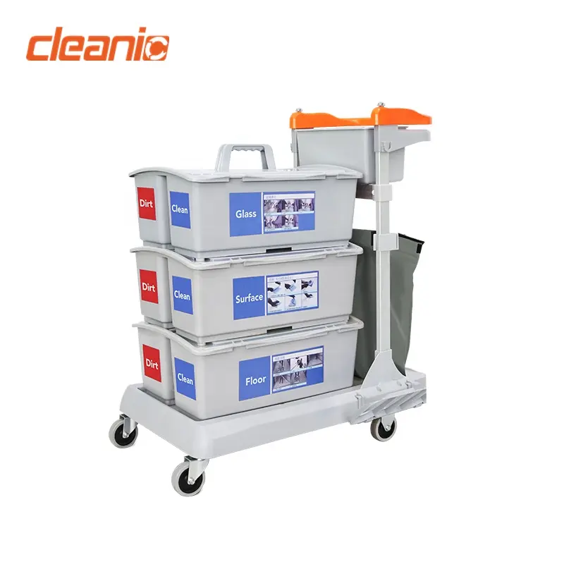 New design commercial janitorial supplies plastic janitor hand push cleaning trolley cart with braking system