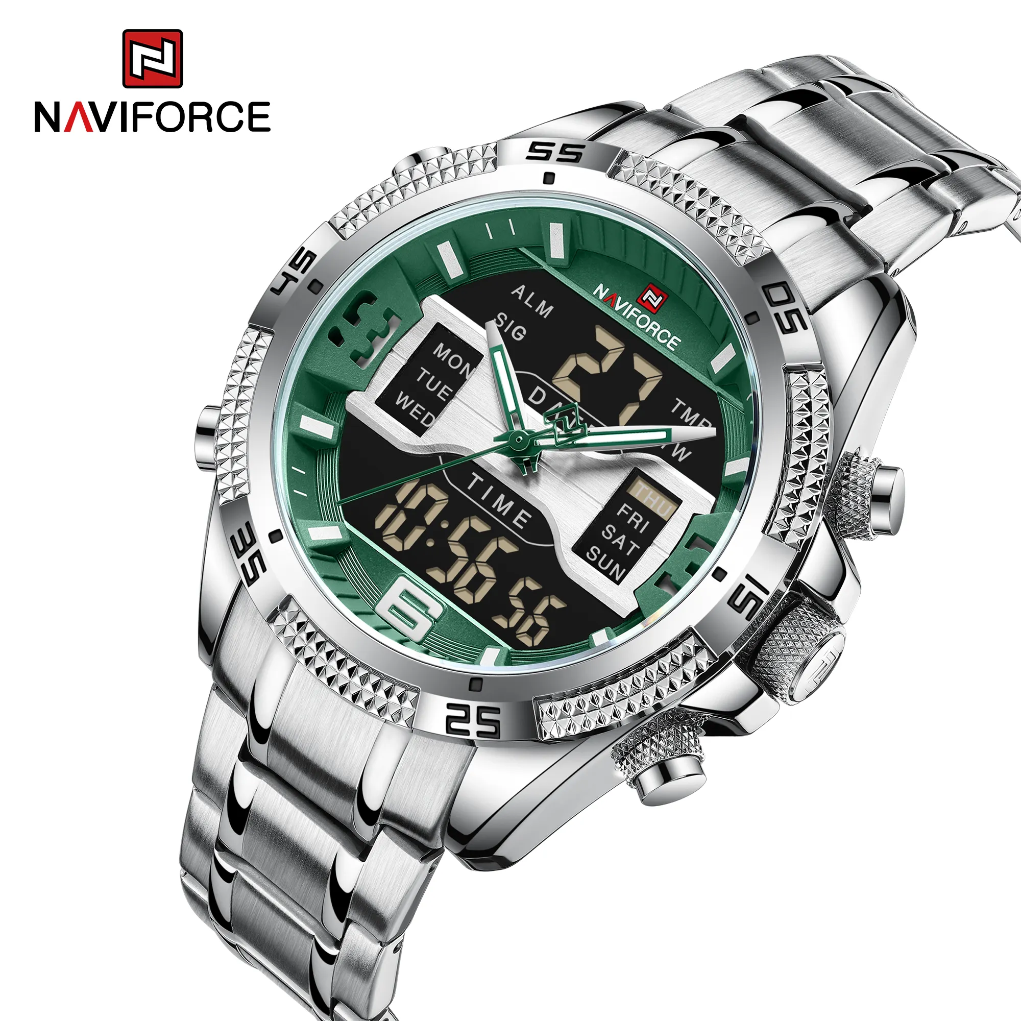 Naviforce NF9201 импортированные кварцевые часы с днем календарь Секундомер цифровой аналоговый двойной дисплей водонепроницаемые наручные часы