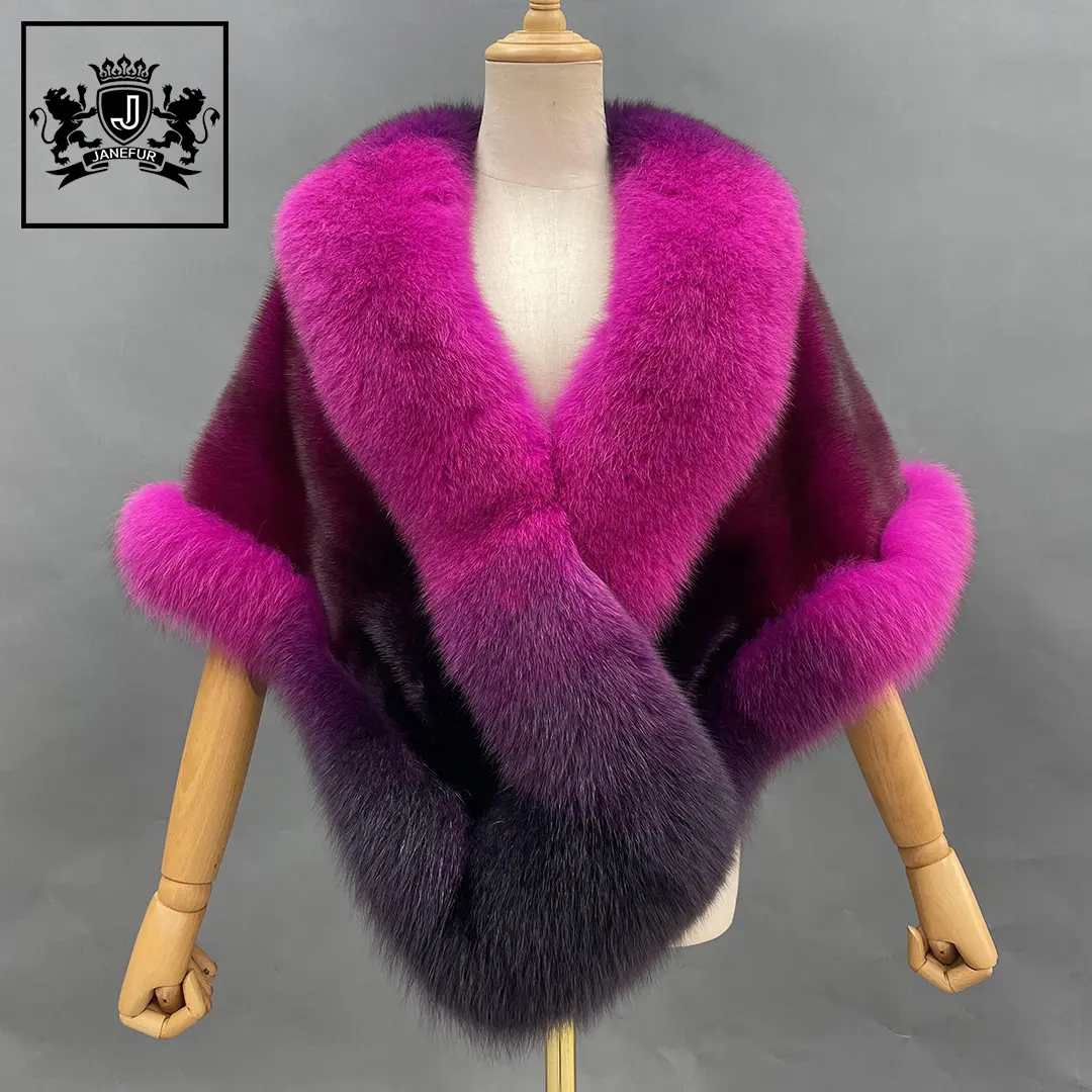 New Design Fashion Elegant Lady Luxury Genuine Fox Fur Trim Mink Fur Shawl