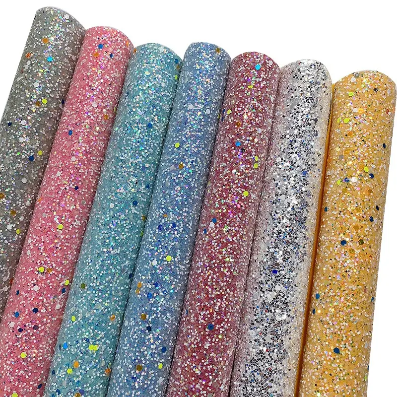 Glow in the dark Chunky glitter fabric, elastic pastel mixed chunky glitter leather for bow making
