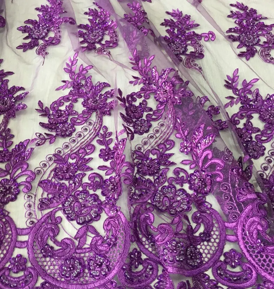 Высококачественная фиолетовая кружевная ткань из бисера, тяжелая ручная вышивка из бисера, тюль, кружевная ткань для вечернего платья, оптовая продажа, shaoxing fabric
