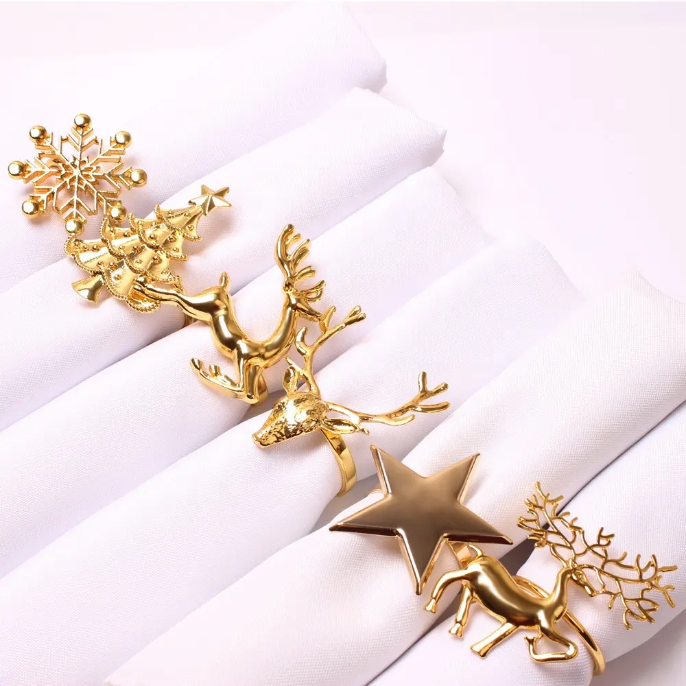 Luxury Christmas Gold Serviette Napkin Elk Garland Christmas Tree Bell Snowflake Rings Hotel Decoration Metal Napkin Holder