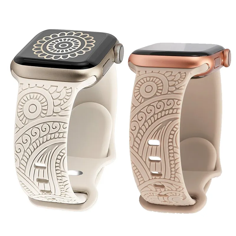 Популярные силиконовые ремешки с цветочной гравировкой для iwatch серии ультра 49 мм логотип на заказ с лазерной гравировкой силиконовый ремешок для Apple Watch