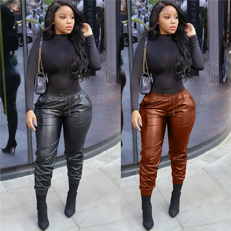 D96070 Sexy women's black leather pants fashion bootcut pant woman plus size PU leather pants