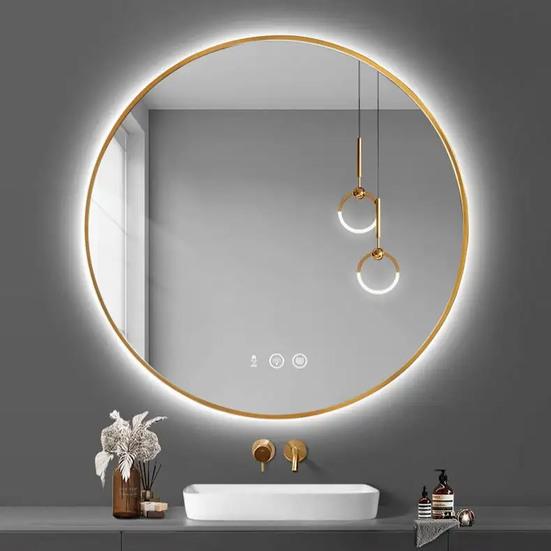 round metal frame bathroom living room luxury smart touch sensor wall mirror with gold frame