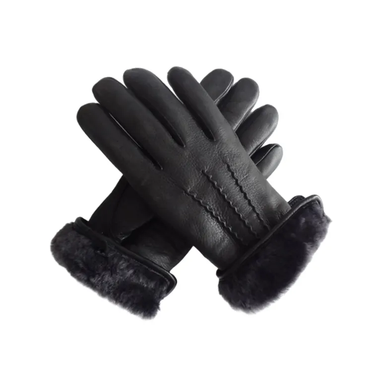 Женские зимние перчатки с сенсорным экраном для мужчин и женщин, черные теплые перчатки из овечьей кожи с меховой подкладкой, из оленьей кожи