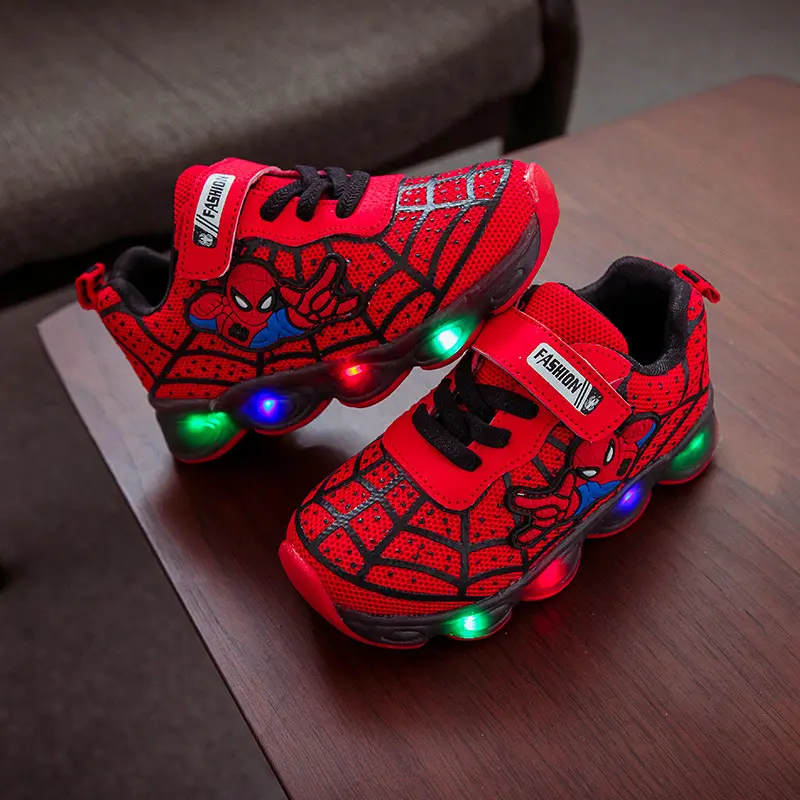 Red Kids LED Shoes Fly Woven Spiderman Sneakers Luminous Sports Shoes for Kids