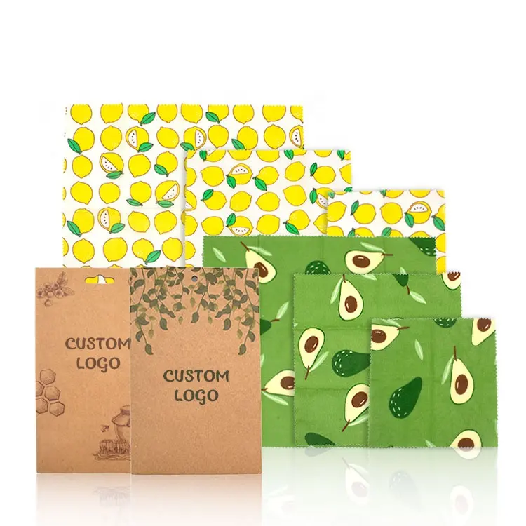 GOTS LFGB Organic & Biodegradable 3Pcs Cotton Reusable Ecofriendly Beeswax Paper Wrap for Fruit Sandwich Vegetables Food Storage