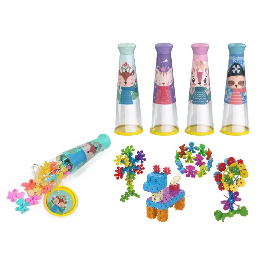 Newest 2 in 1 kids educational toys kaleidoscope cartoon mini kaleidoscope blocks kit with DIY building blocks assemble toy set