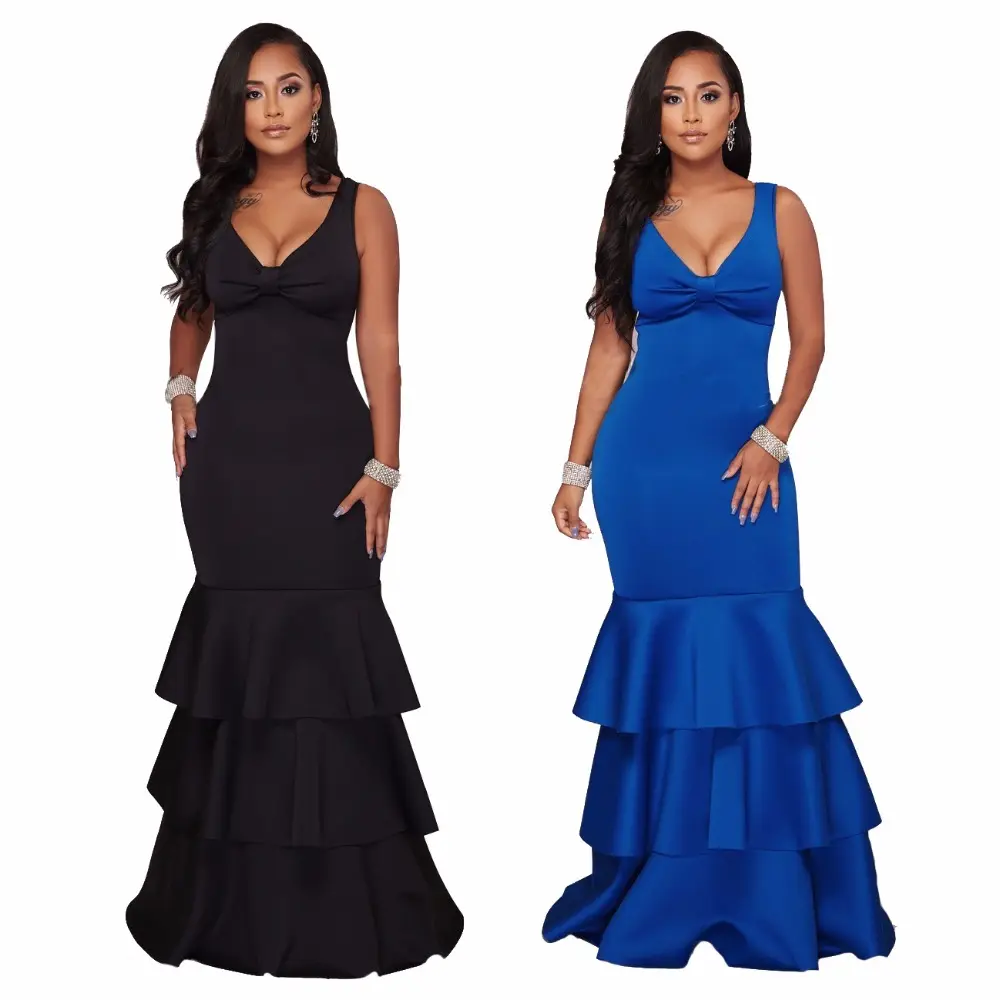 Wholesale 8785 pure color maxi sexy ruffle women party dresses evening