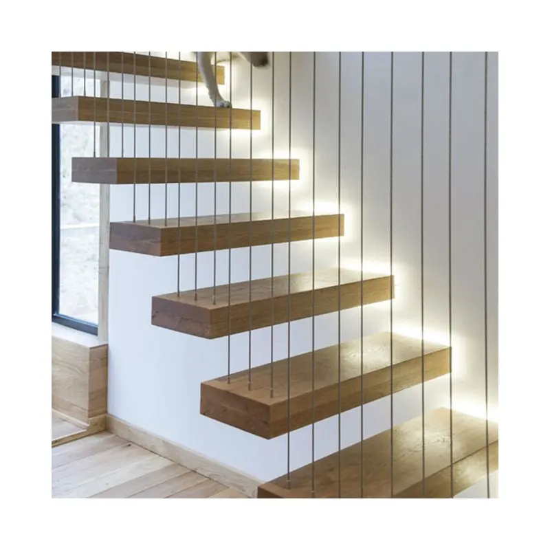 Custom stainless steel railing wooden tread floating staircase with glass railing