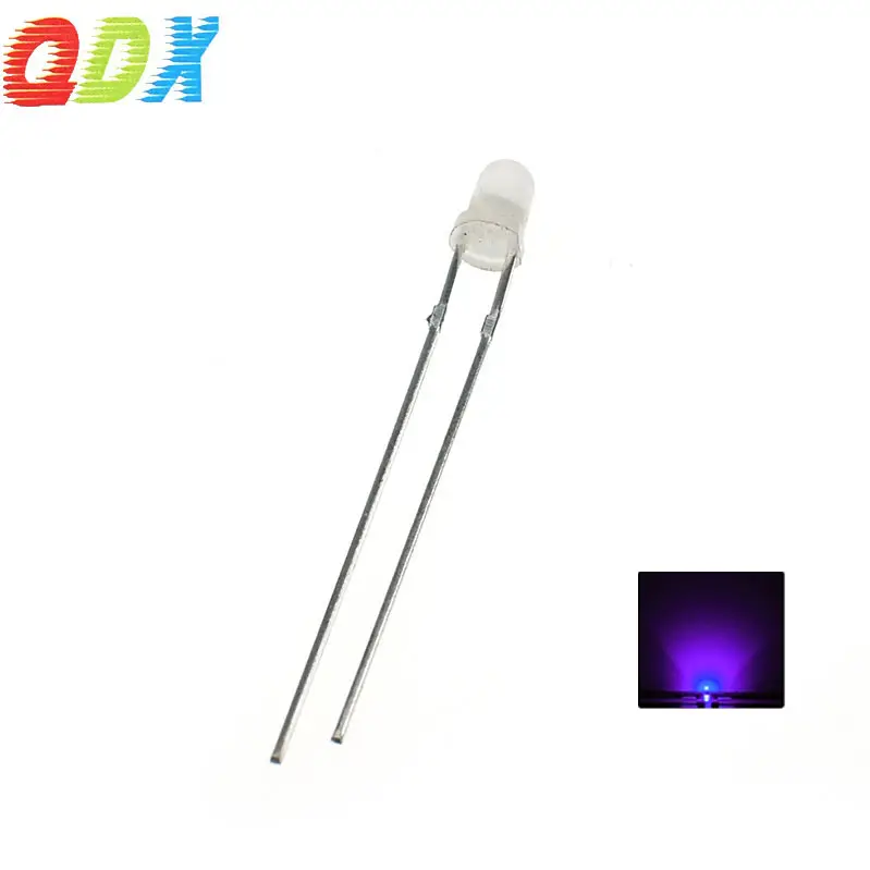 Factory sales Low power consumption 3mm white hair Purple 365nm round head straight plug-in 3mm lamp beads led light1000pcs/bag