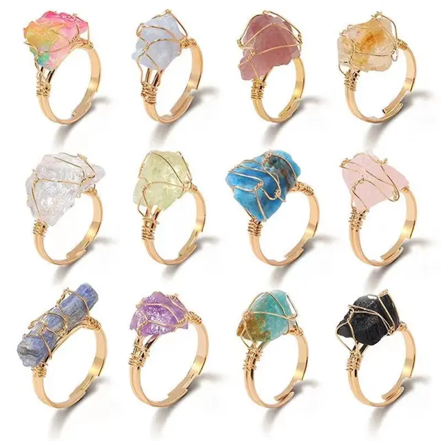 New arrivals adjustable spiritual crystals healing Jewellery natural colorful mixed quartz rough stone crystal rings for sale