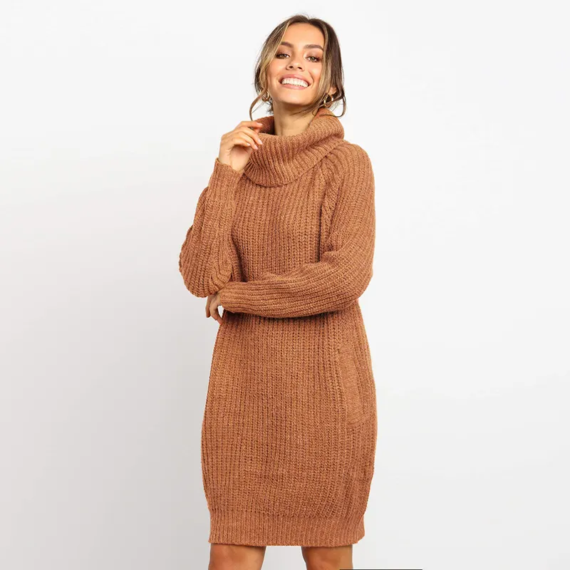 Новинка 2019, женское однотонное Свободное длинное вязаное платье-свитер с высоким воротником для женщин