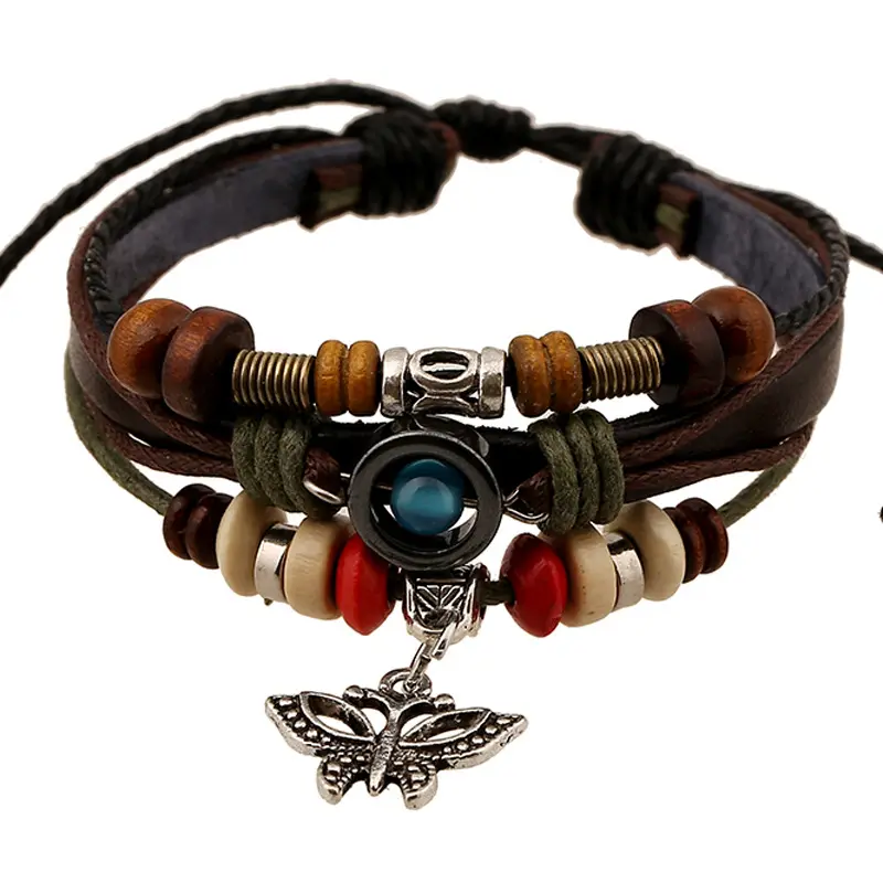 2021 Fashion Four Layers Multi-Layers Leather Wrap Wooden Beaded Braided Punk Jewelry Bracelet