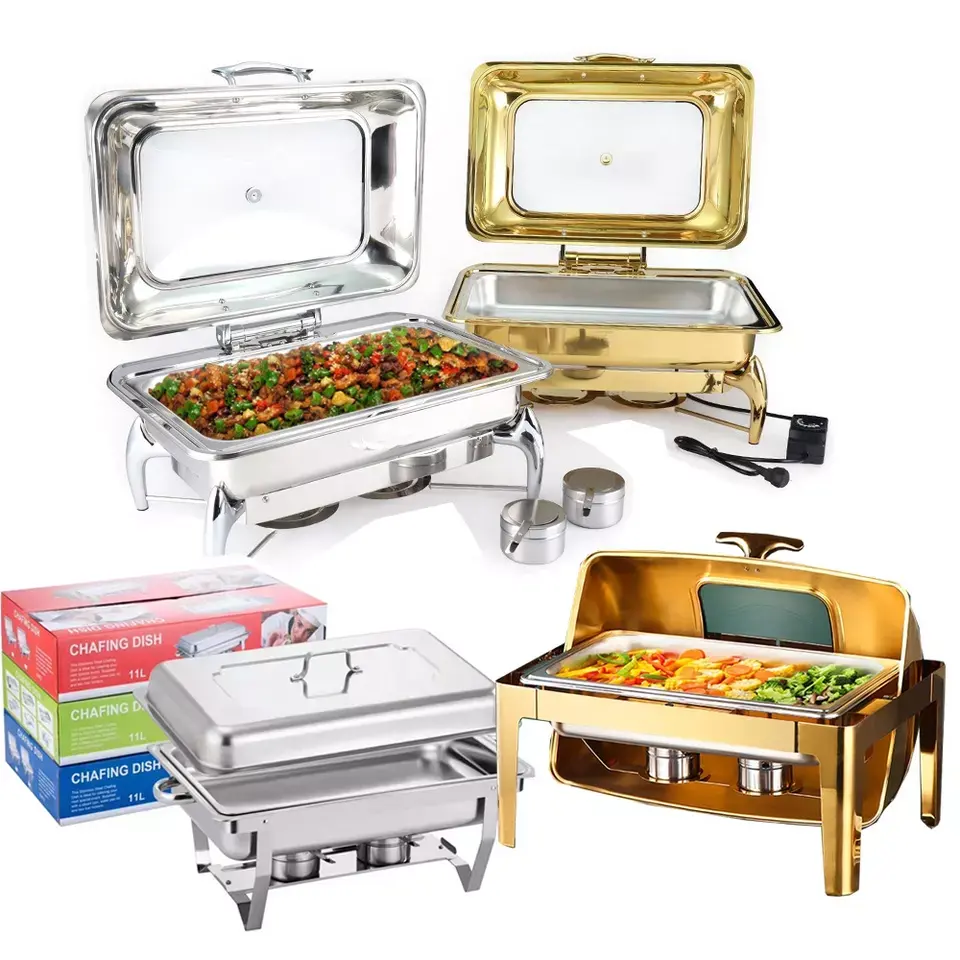 Guangzhou hadi 2022 design chaffing dish stainless steel golden 9l and 6l cheap price catering wedding buffet chafing dishes