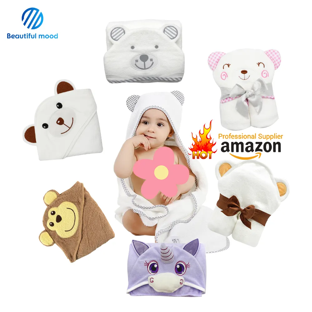 Extra soft 600 GSM Natural Organic bamboo baby hooded washcloth towel sets with animal design