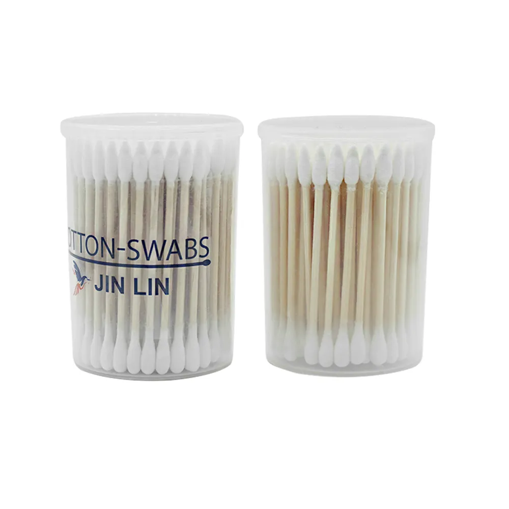 High quality wooden stick with one end tip and one end round cotton swab round cup package