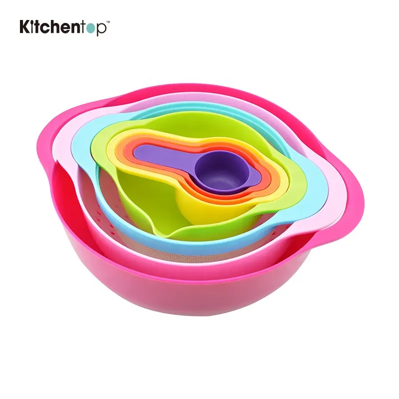 Amazon hot sell home gadgets 8pcs colorful plastic mixing bowl