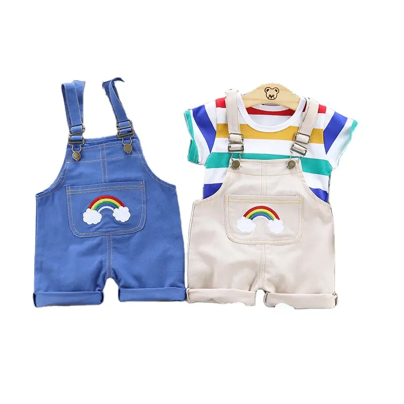 Однотонная детская одежда для мальчиков и девочек с круглым вырезом и коротким рукавом в радужную полоску летняя 2023 Детская рубашка Повседневная 2 шт.
