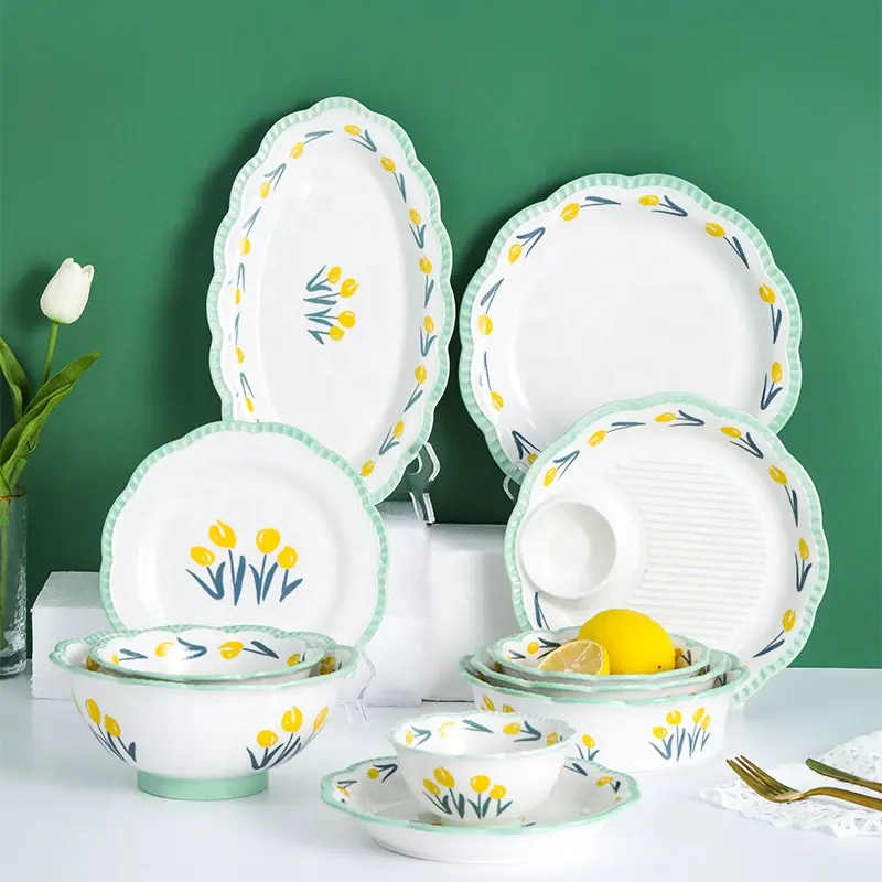 Керамическая Бытовая кухонная керамическая посуда, миска для риса, тарелка, ложка, набор в китайском стиле