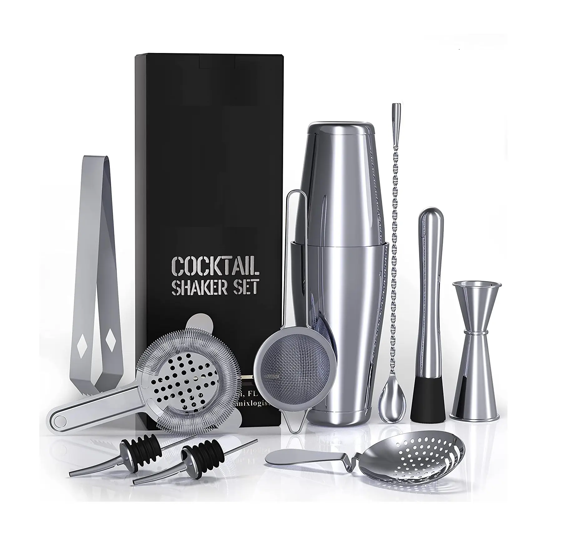 11-piece professional silver stainless steel cocktail bartender shaker and jigger bar accessories tool cocktail shakers set kit