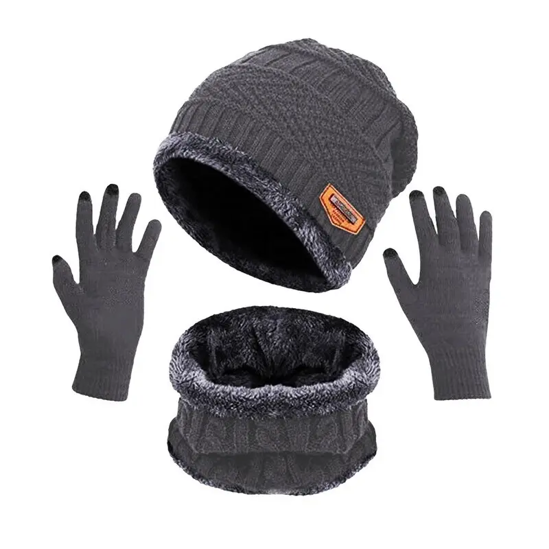 wholesale Winter warm plus velvet thick hat scarf bib solid color touch screen gloves three-piece adult woman